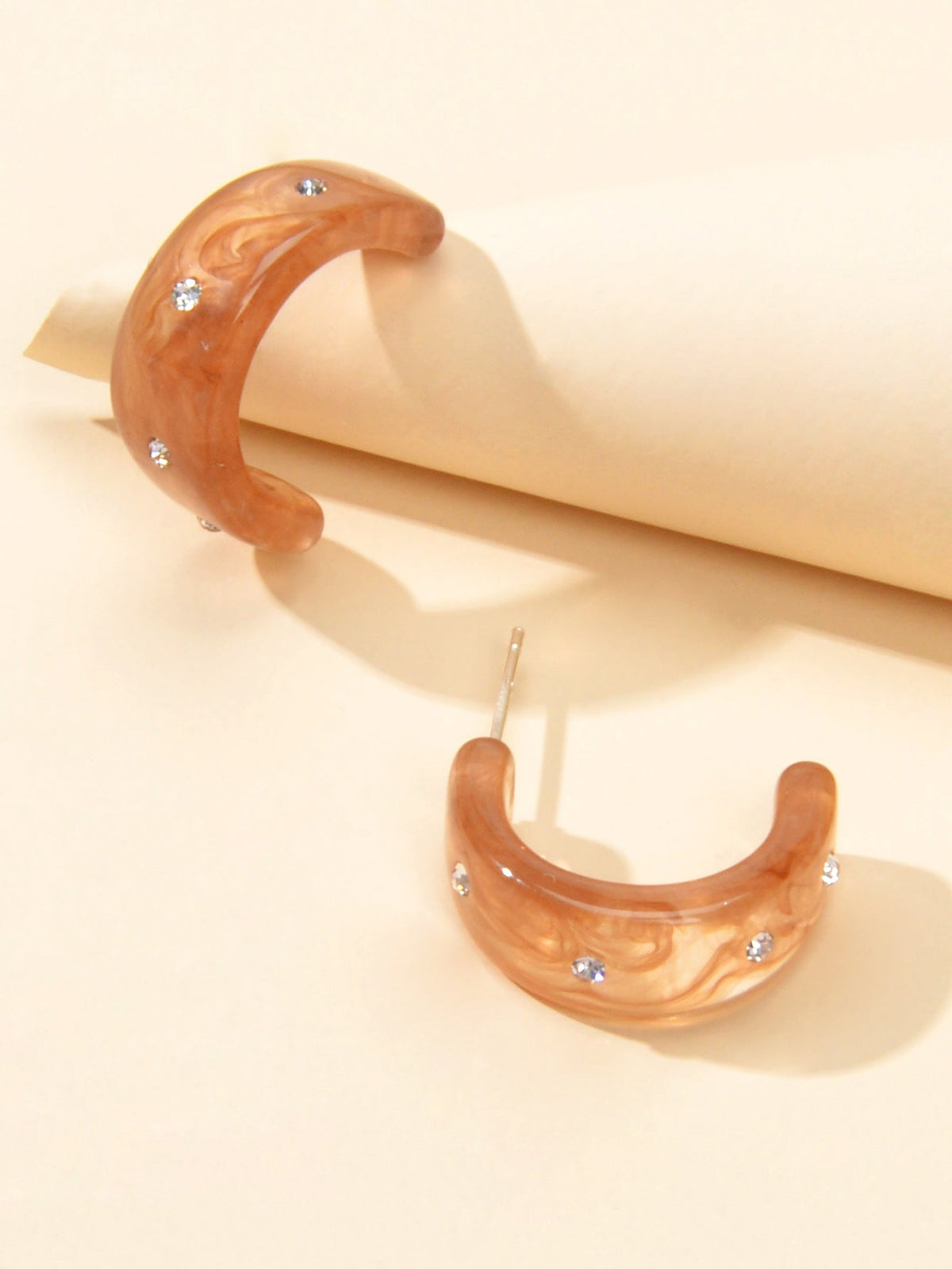 Boho Chic Rhinestone Brown Resin C shape Huggie Pierced Hoop Personality Earring