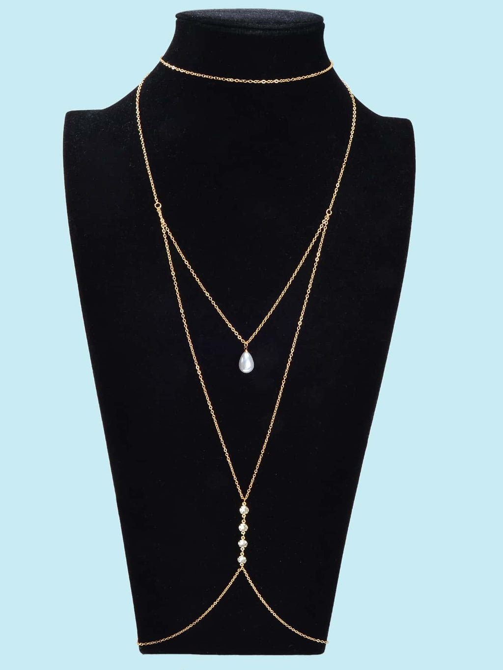 Gold multi-layer body chain with pearl pendant drops and small bead accents