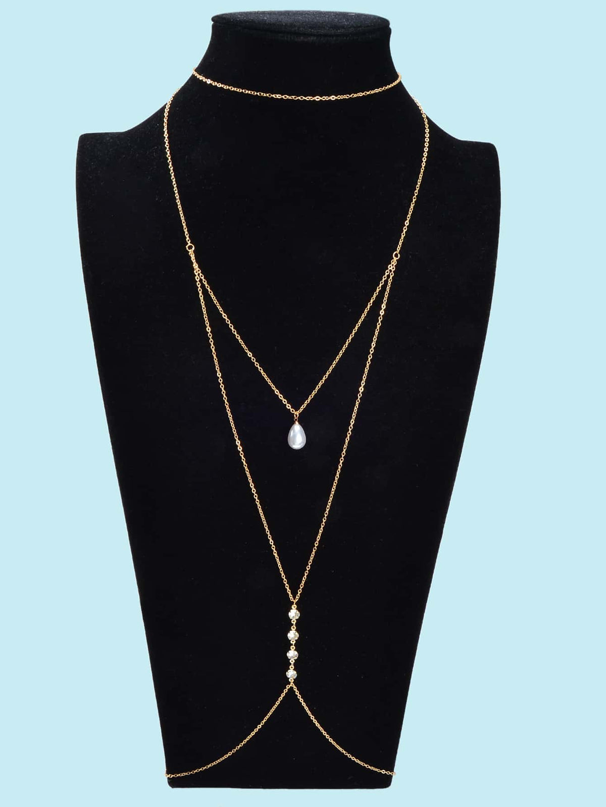 Gold multi-layer body chain with pearl pendant drops and small bead accents