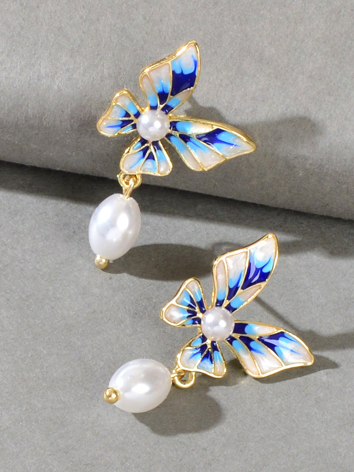Trendy Dangle Pearl Blue White Enamel Butterfly Hypoallergenic Pierced Earrings