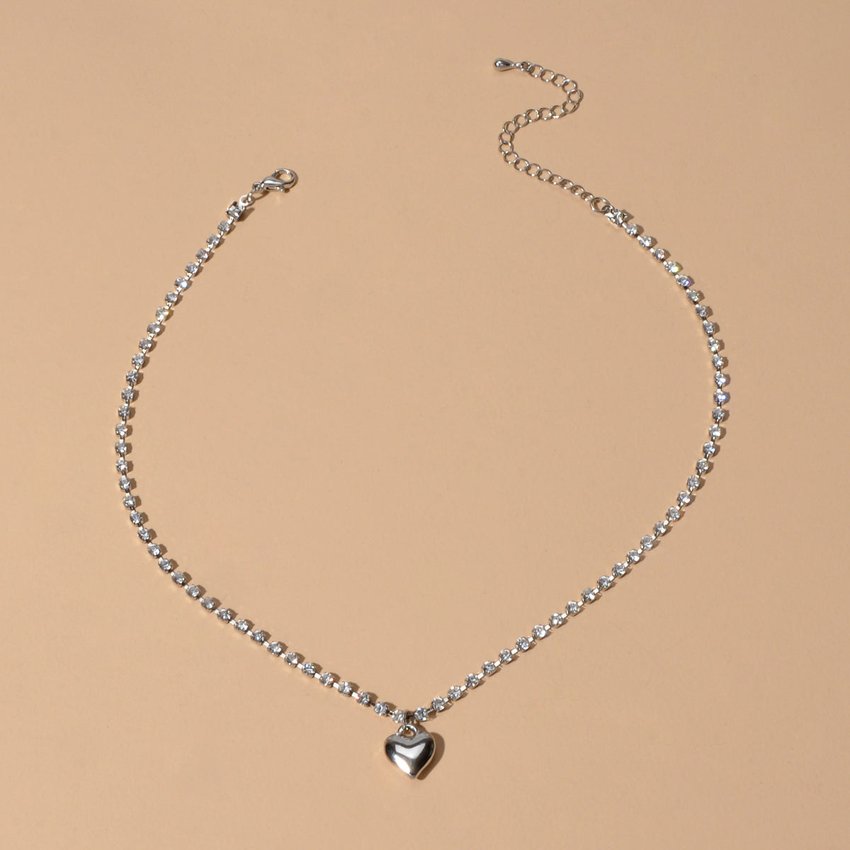 Luxurious Jewellery Full Rhinestone Decor Shining Silver Chain Heart Necklace