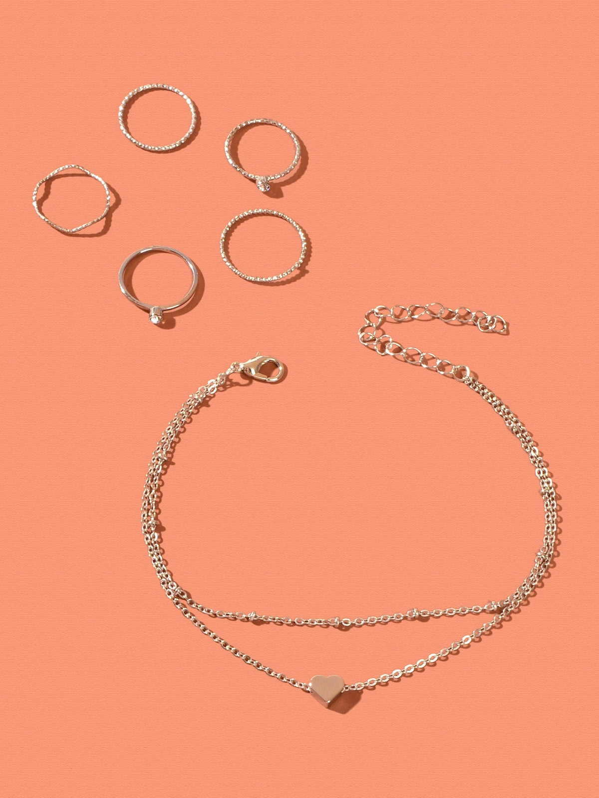 Silver Chain Anklet and Multiple Rings Set - Stylish Accessories Combo Jewellery