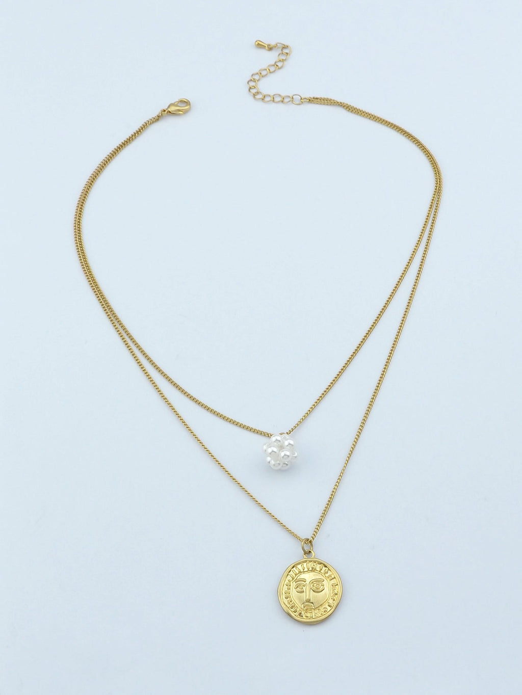 Personality Jewelry Double layer Gold Chain Pearl Ball Face Round Charm Necklace