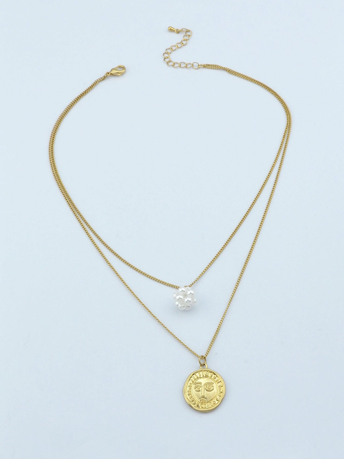 Personality Jewelry Double layer Gold Chain Pearl Ball Face Round Charm Necklace