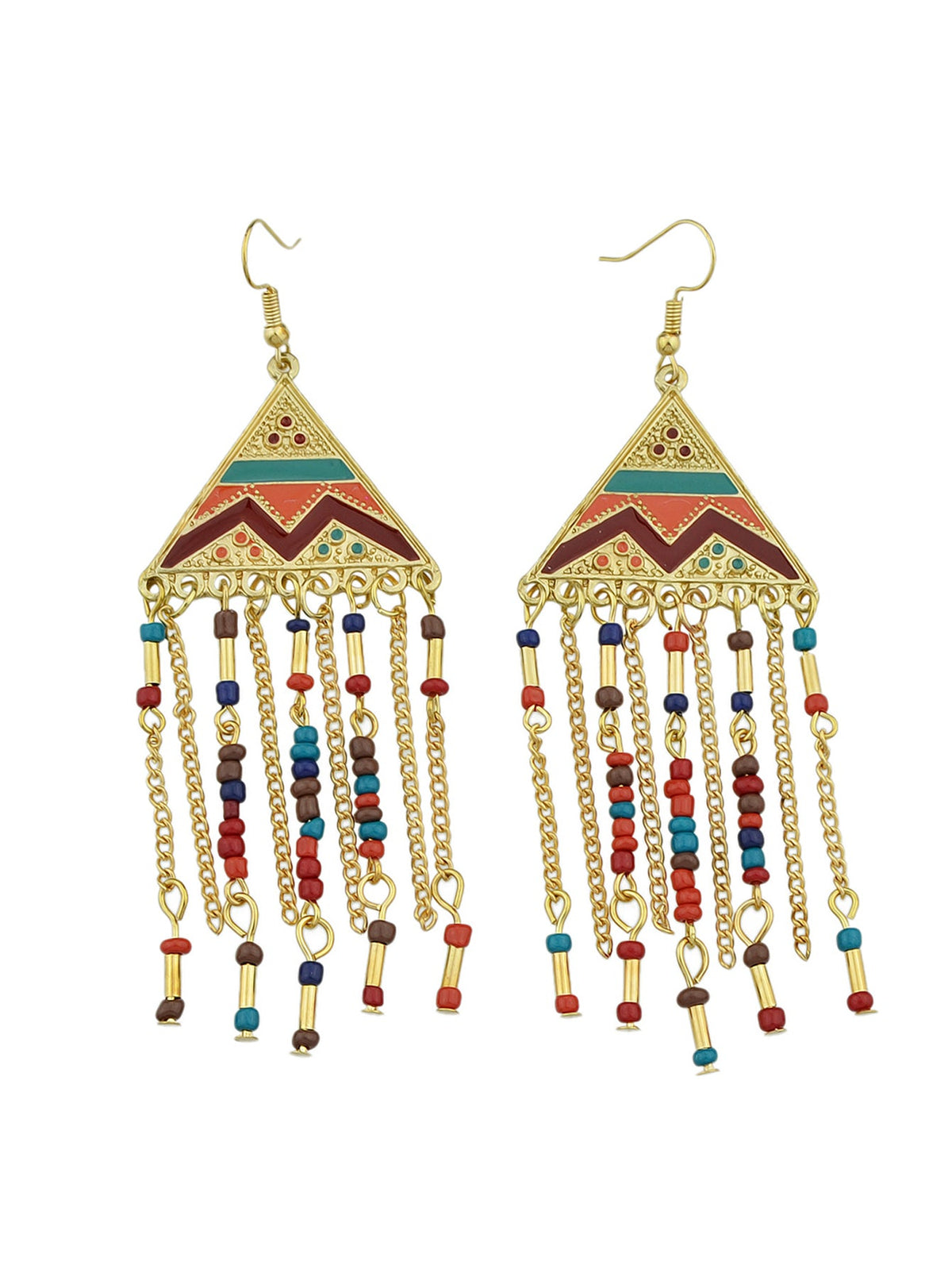 Triangle Colourful Enamel Beads Long Chain Tassel Ethnic Jewellery Boho Earrings