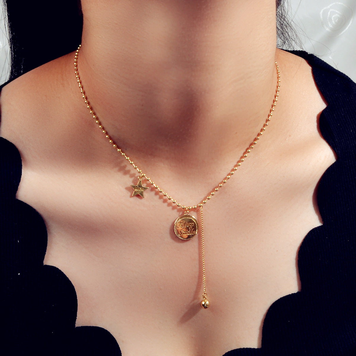 Dainty Party Jewellery Gold Popcorn Chain Luck Letter Star Round Charm Necklace