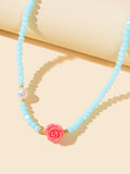 Pearl Red Resin Flower Decoration Blue Beads Short Collar Clavicle Necklace Gift