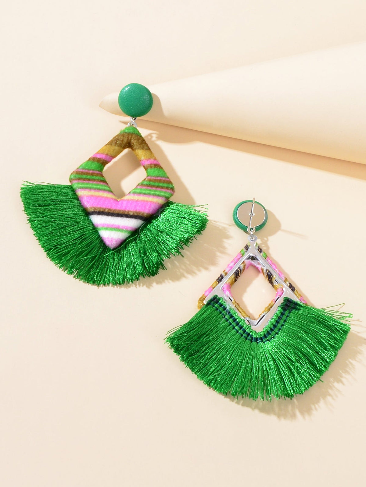 Bohemian Geometric Green Tassel Fringe Dangle Earrings Handmade Ethnic Jewellery