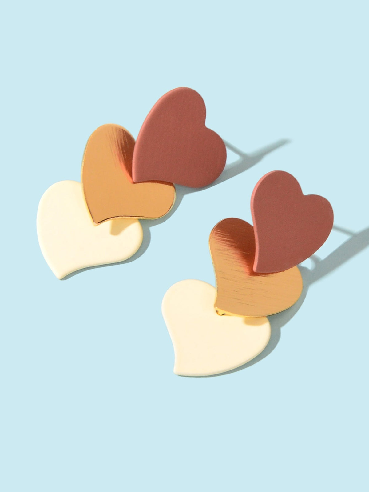 Multicolor layered heart dangle earrings, red-brown and cream hearts with hooks