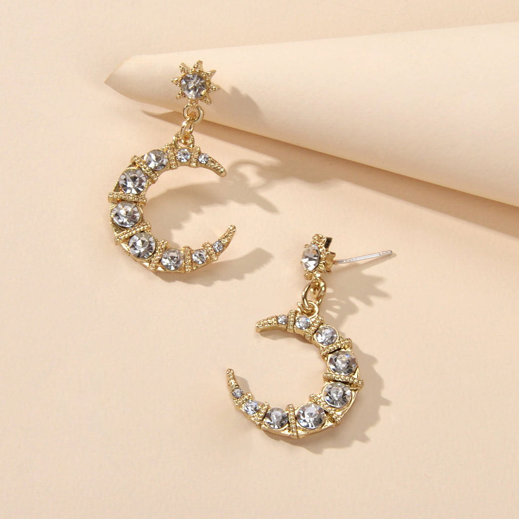 Textured Luxury Full Rhinestone Star Moon Dangle Earrings Wedding Gift Jewellery