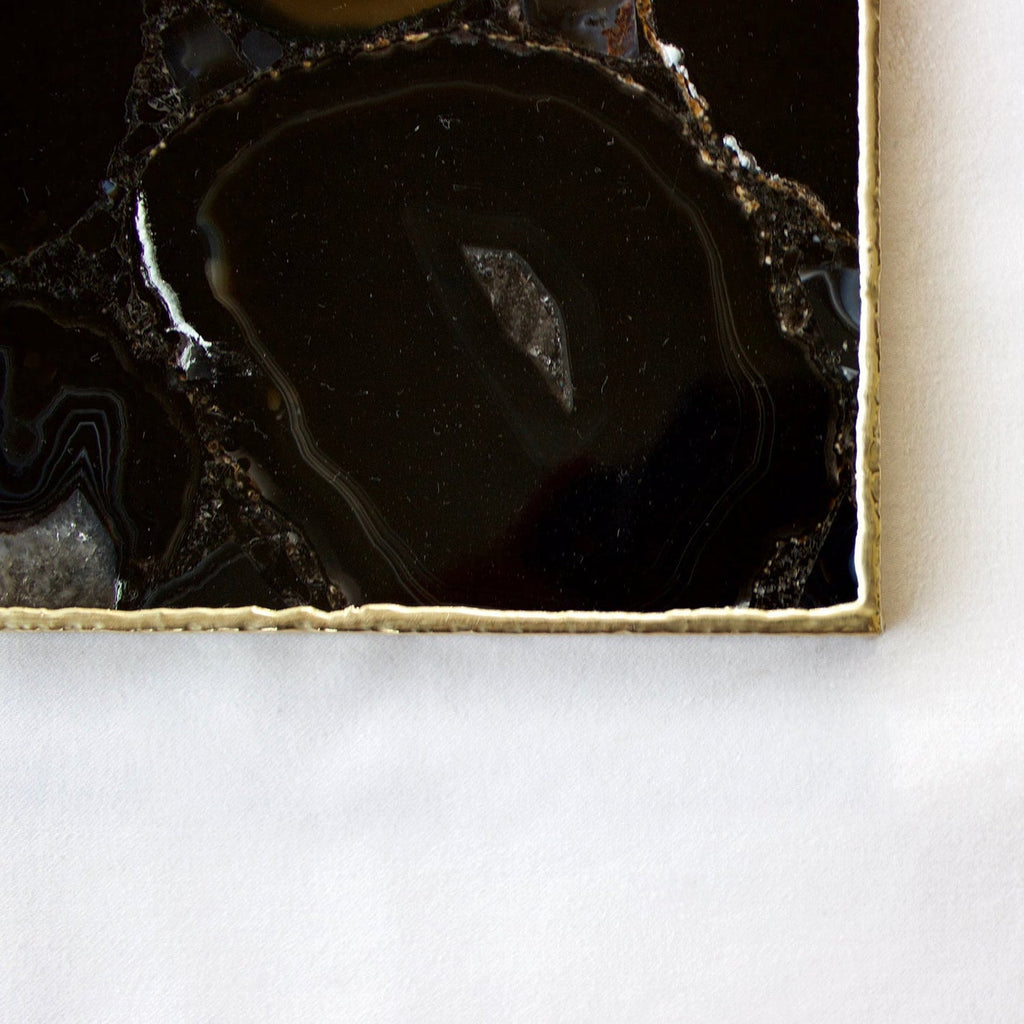 Black Agate Square Serving Tray with Brass Handles