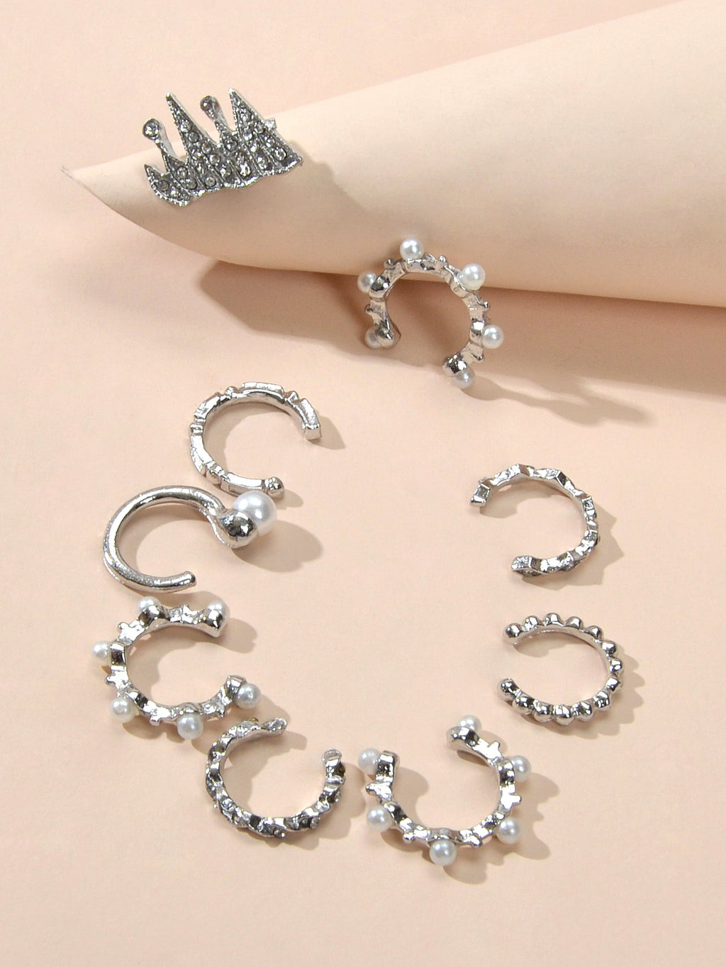 Silver ear cuff set, assorted styles: crescent hoops, beaded rings, and spiky top