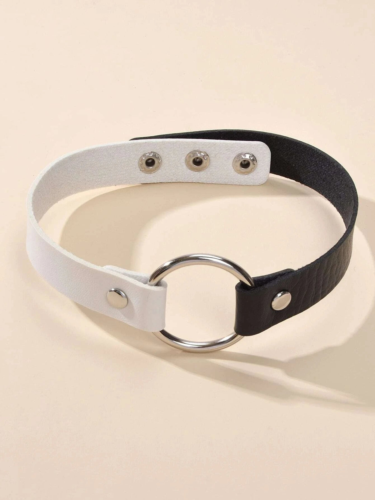 Two-tone PU leather choker, black and white, with round silver ring and snap studs