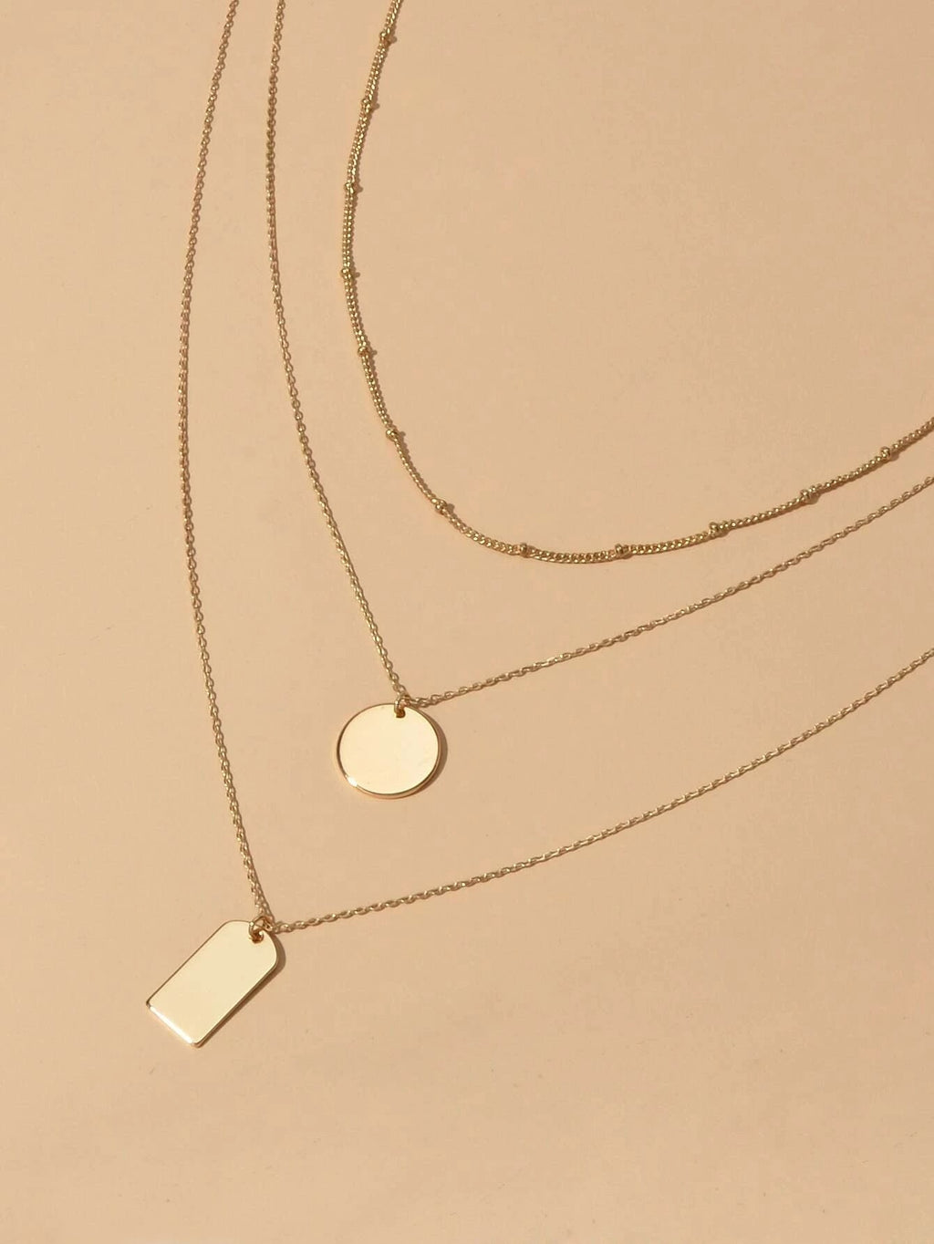 3pcs Multi-layer Gold Tone Chain Round Square Pendant Necklace Girls Teens Gift