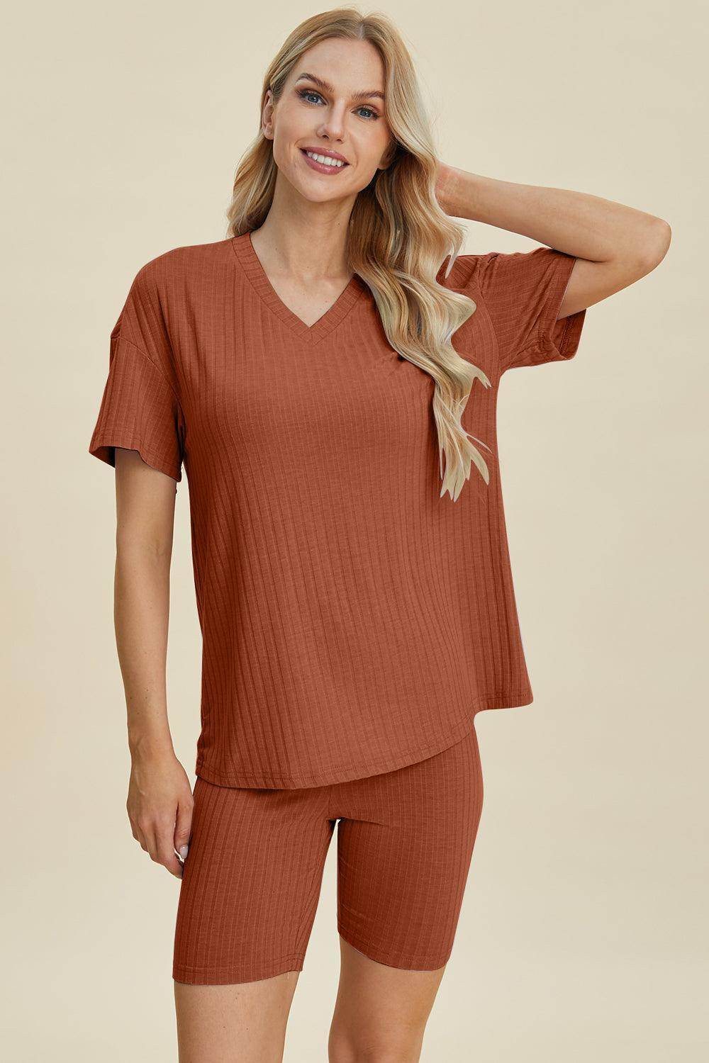 Basic Bae Full Size Ribbed V-Neck Top and Shorts Set For Women - n/a at Dealshubindia