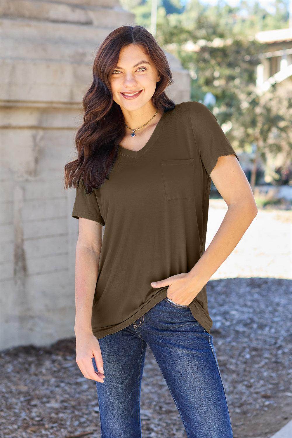 Basic Bae Full Size V-Neck Short Sleeve T-Shirt for Women - n/a at Dealshubindia