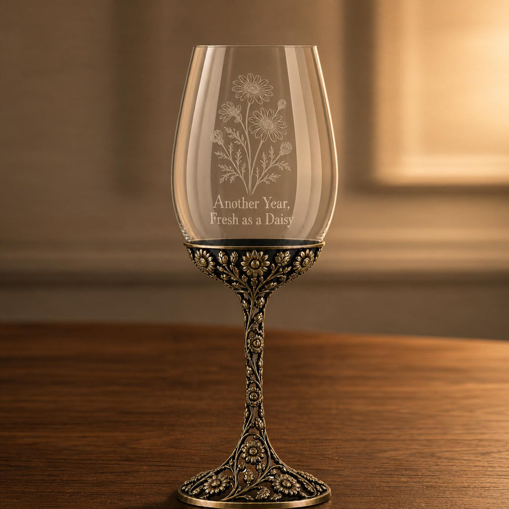 April Daisy Wine Glass, Personalised Birth Flower, Openwork Brass Stem, Custom Etched Gift