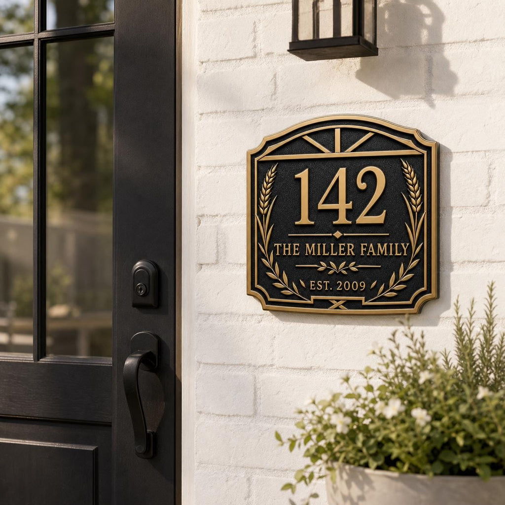 Wheat and Laurel Gable Plaque in Antique Brass