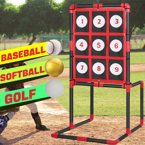 Baseball strike zone target with 3x3 numbered grid and practice balls