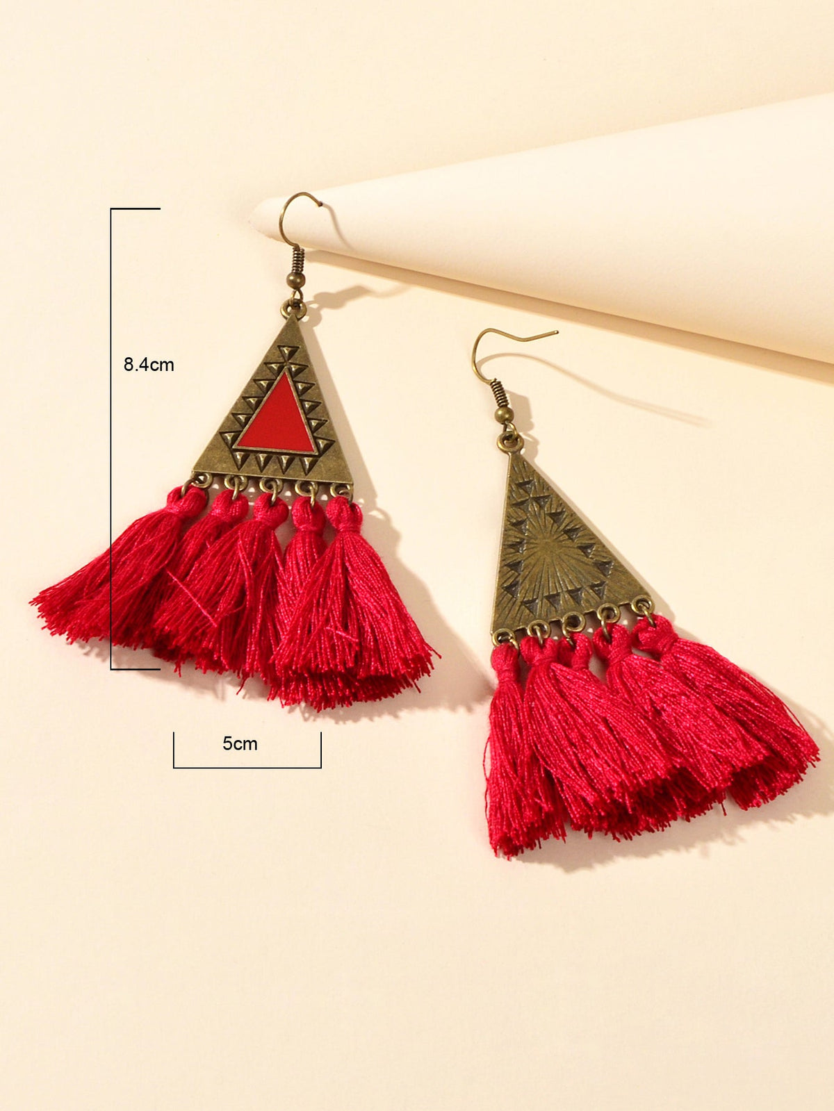 American Jewellery Ethnic Antique Gold Triangle Winered Tassel Bohemian Earrings