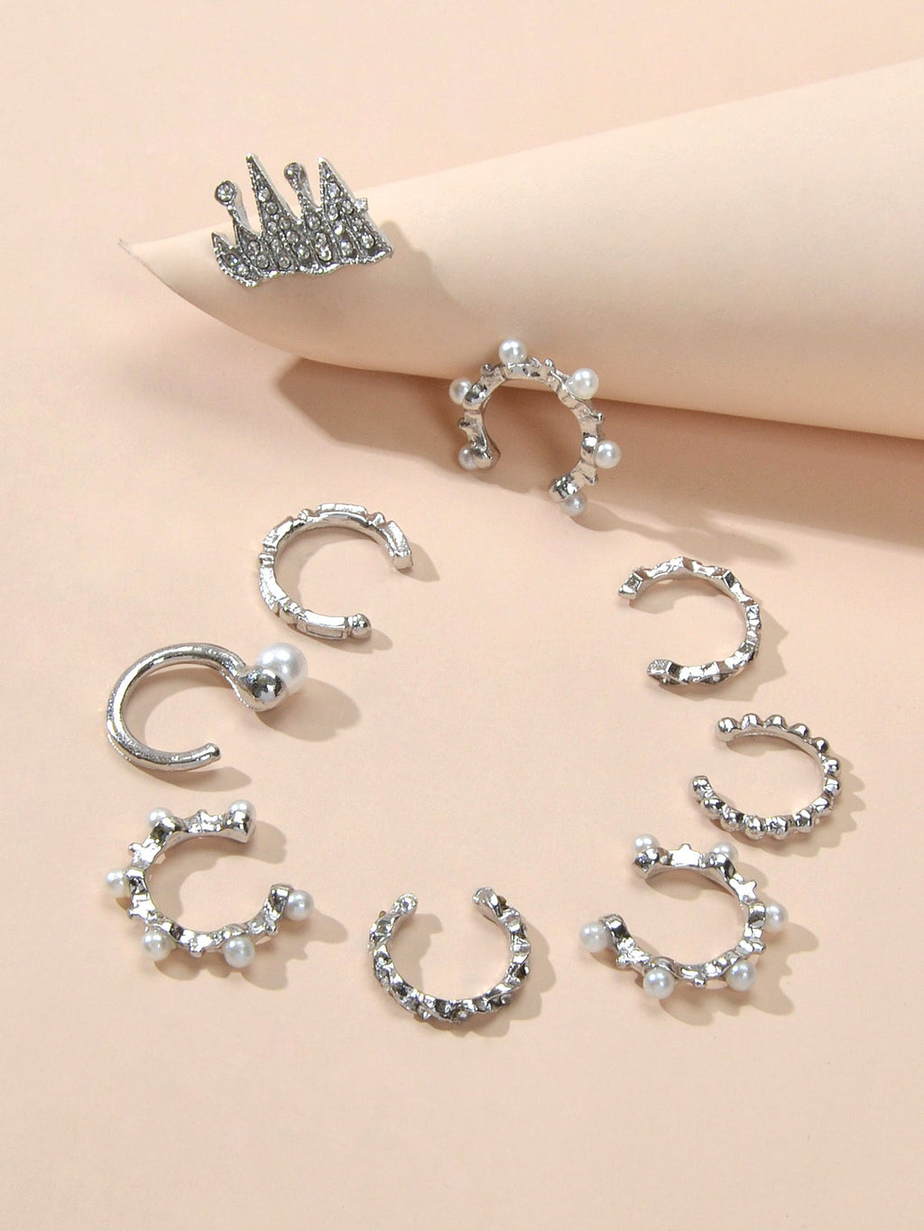 Silver clip-on ear cuffs set: crescent hoops and beaded rings with pearl-like accents
