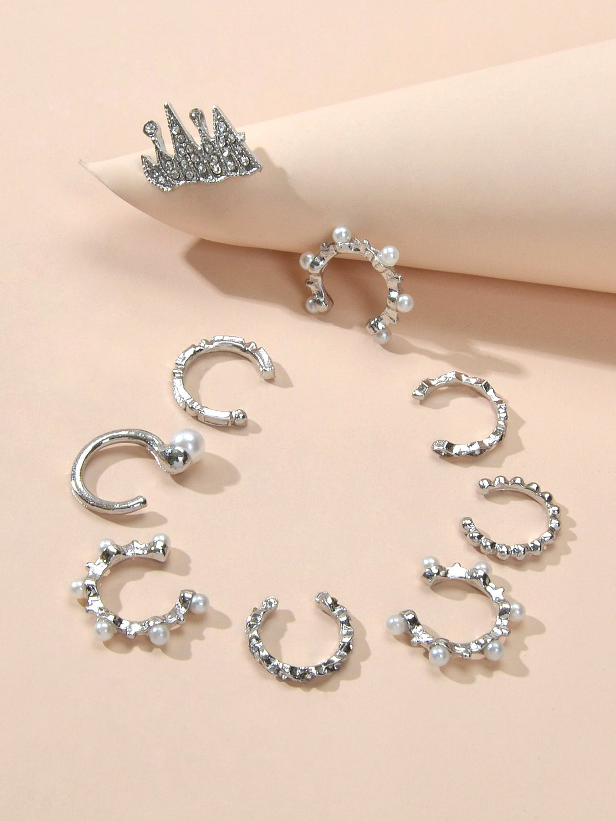 Silver clip-on ear cuffs set: crescent hoops and beaded rings with pearl-like accents