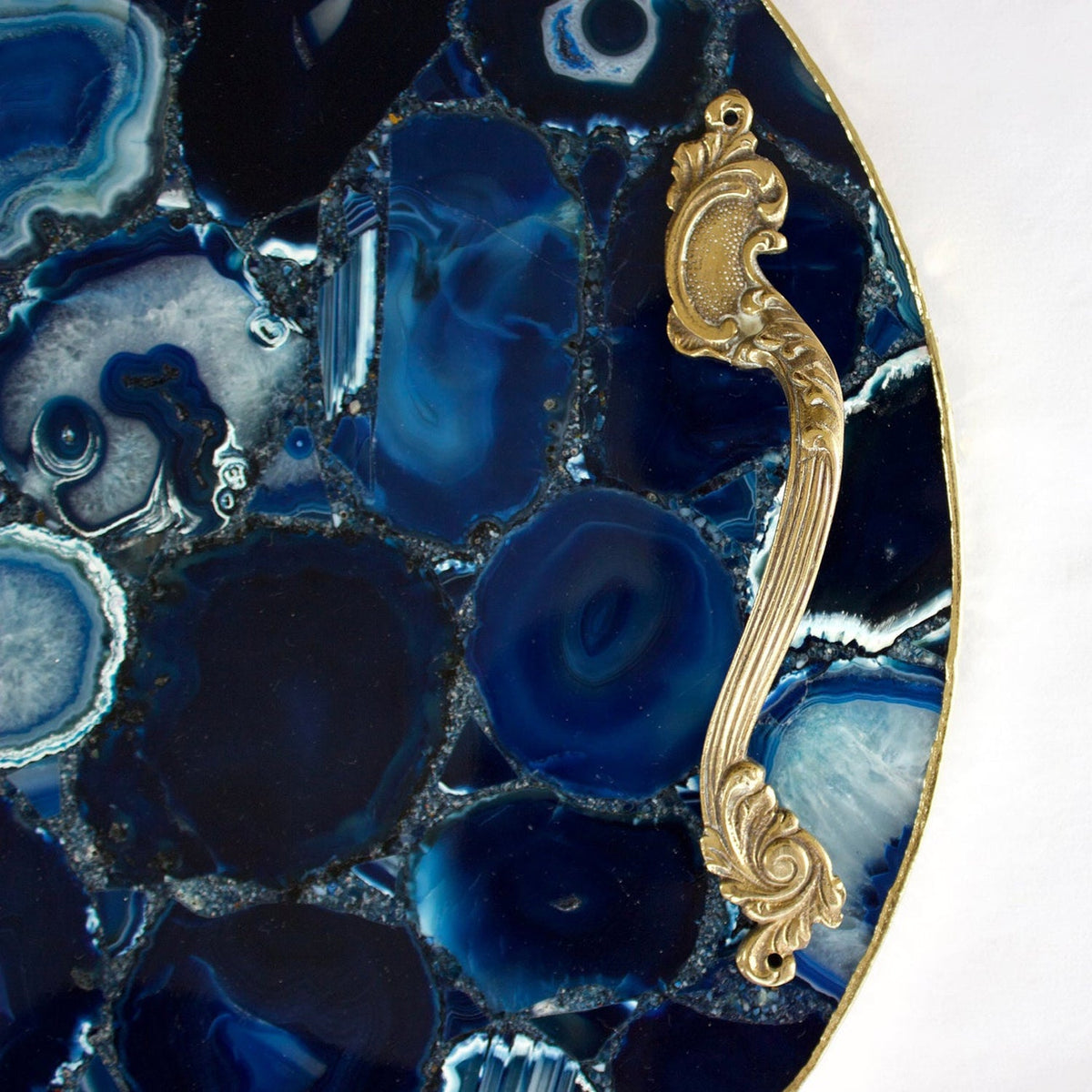 Blue Agate Round Serving Tray with Brass Handles