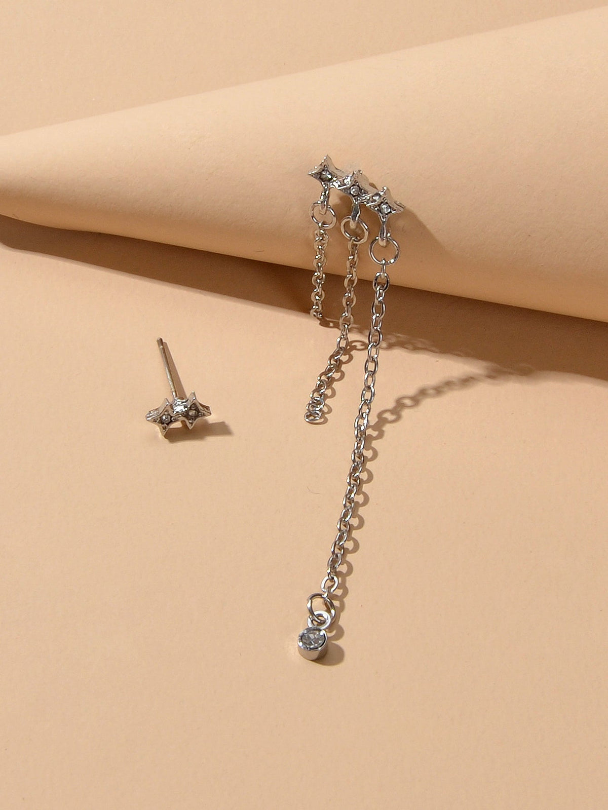 Designer Jewellery Rhinestone Star Silver Chain Tassel Asymmetric Stud Earrings