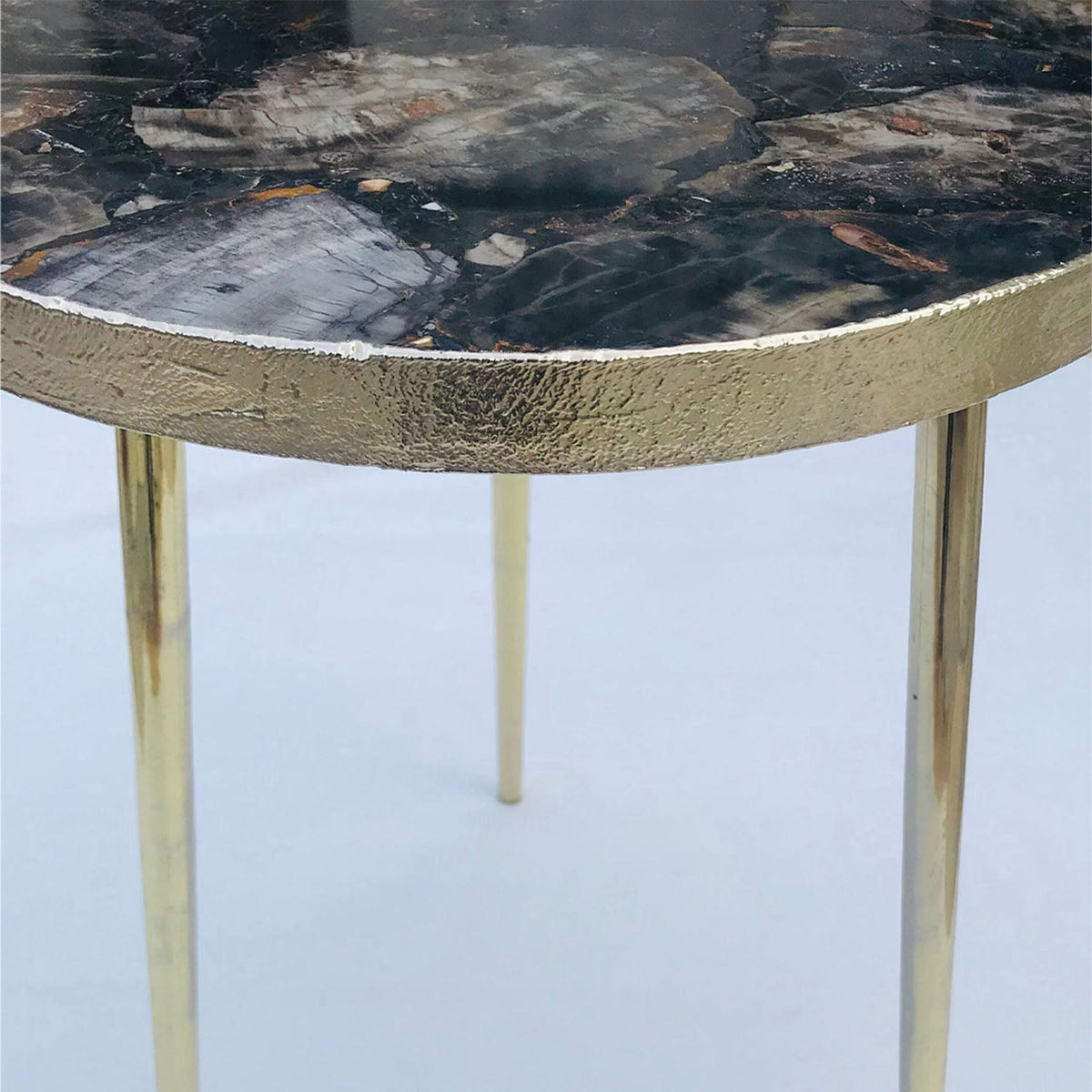 Black Petrified Wood Side Table, Round Top