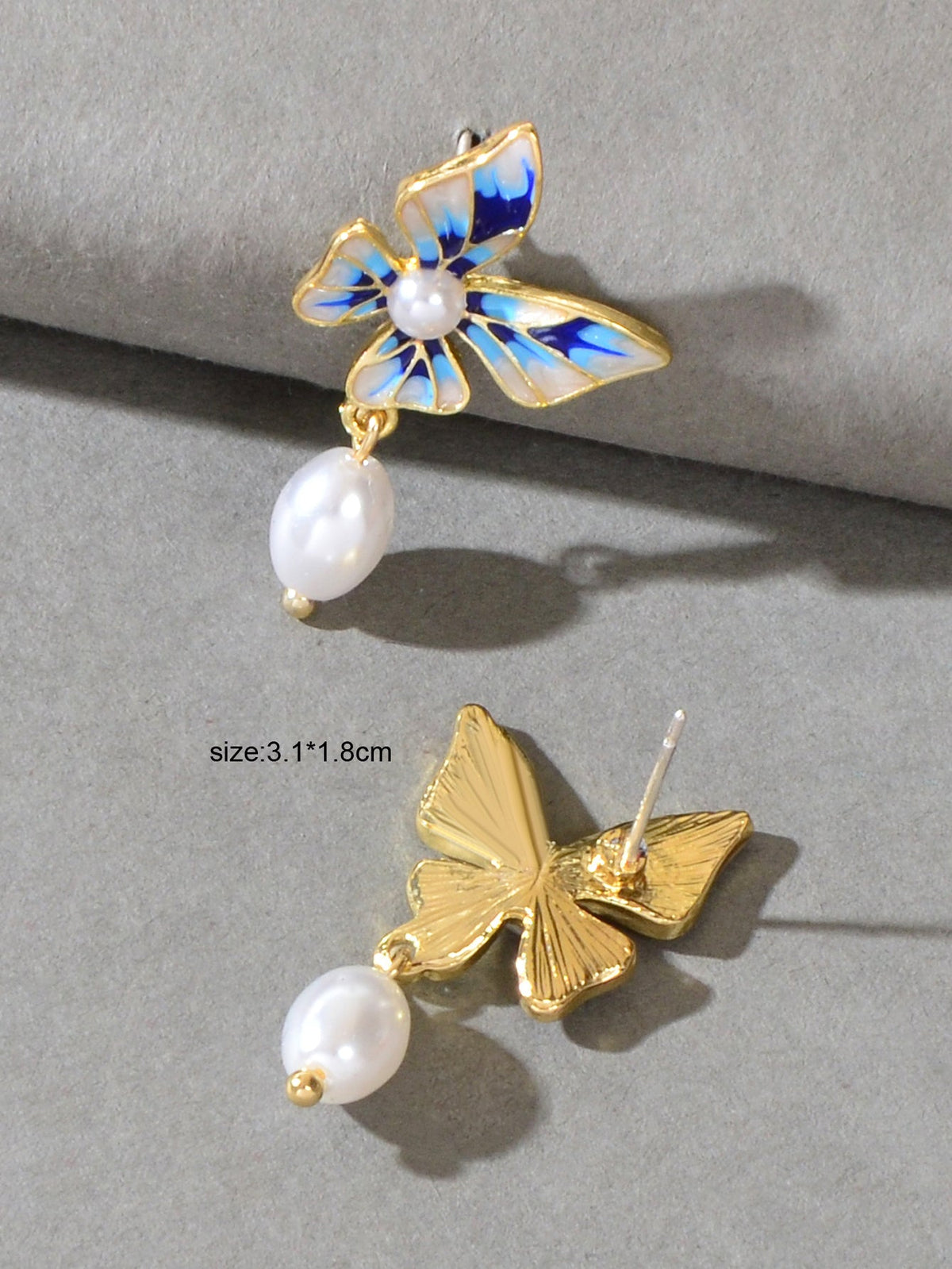 Trendy Dangle Pearl Blue White Enamel Butterfly Hypoallergenic Pierced Earrings