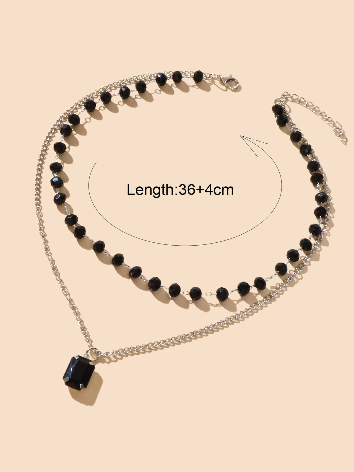 Silver Link Chain Black Beads Layering Personalized Square Charm Necklace Gift