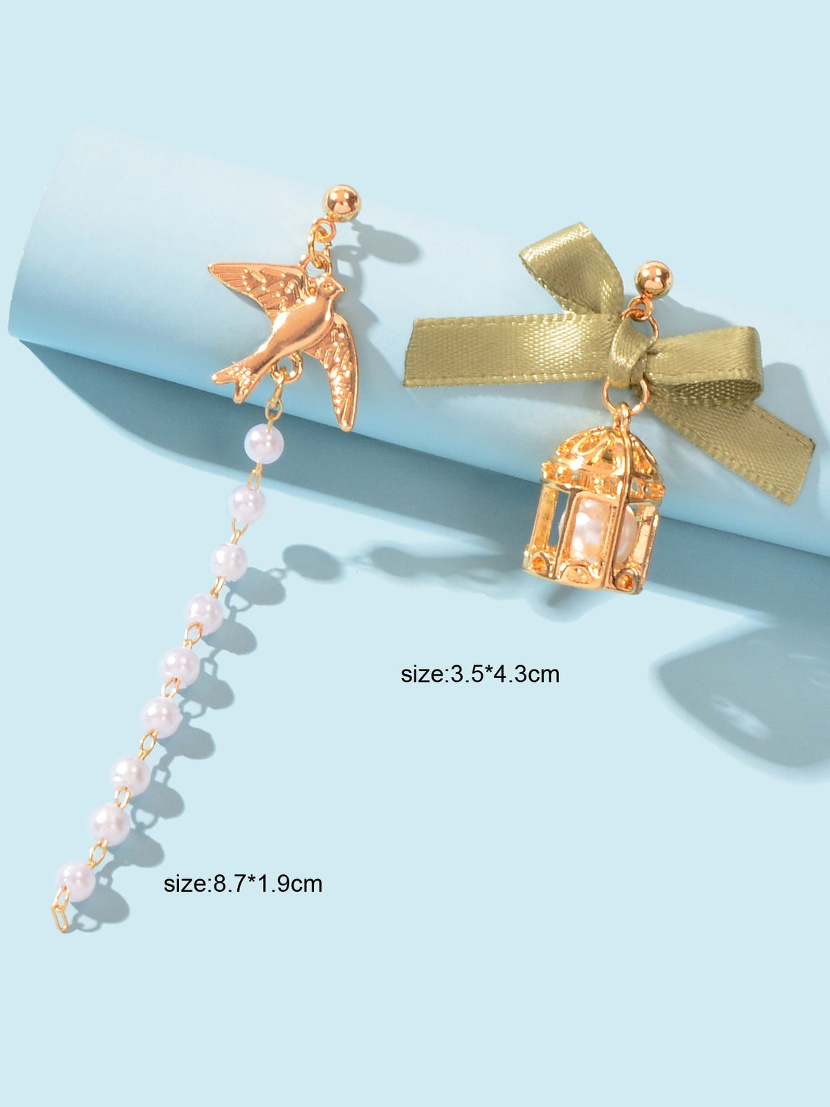 Elegant Asymmetrical Green Bow tie Gold Bird Birdcage Pearl Long Chain Earrings