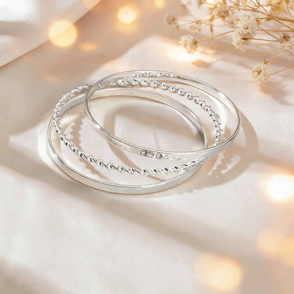 3 pcs Ladies Jewellery Rhinestone Silver Multiple Stackable Bangles Bracelet set