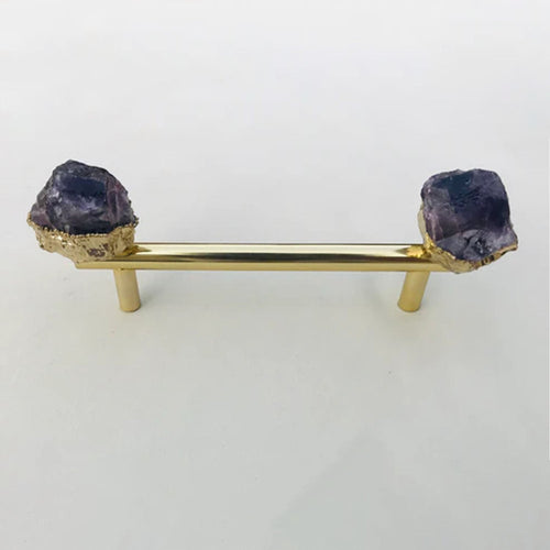 Gold cabinet handle with rough amethyst agate stone ends and bar pull hardware