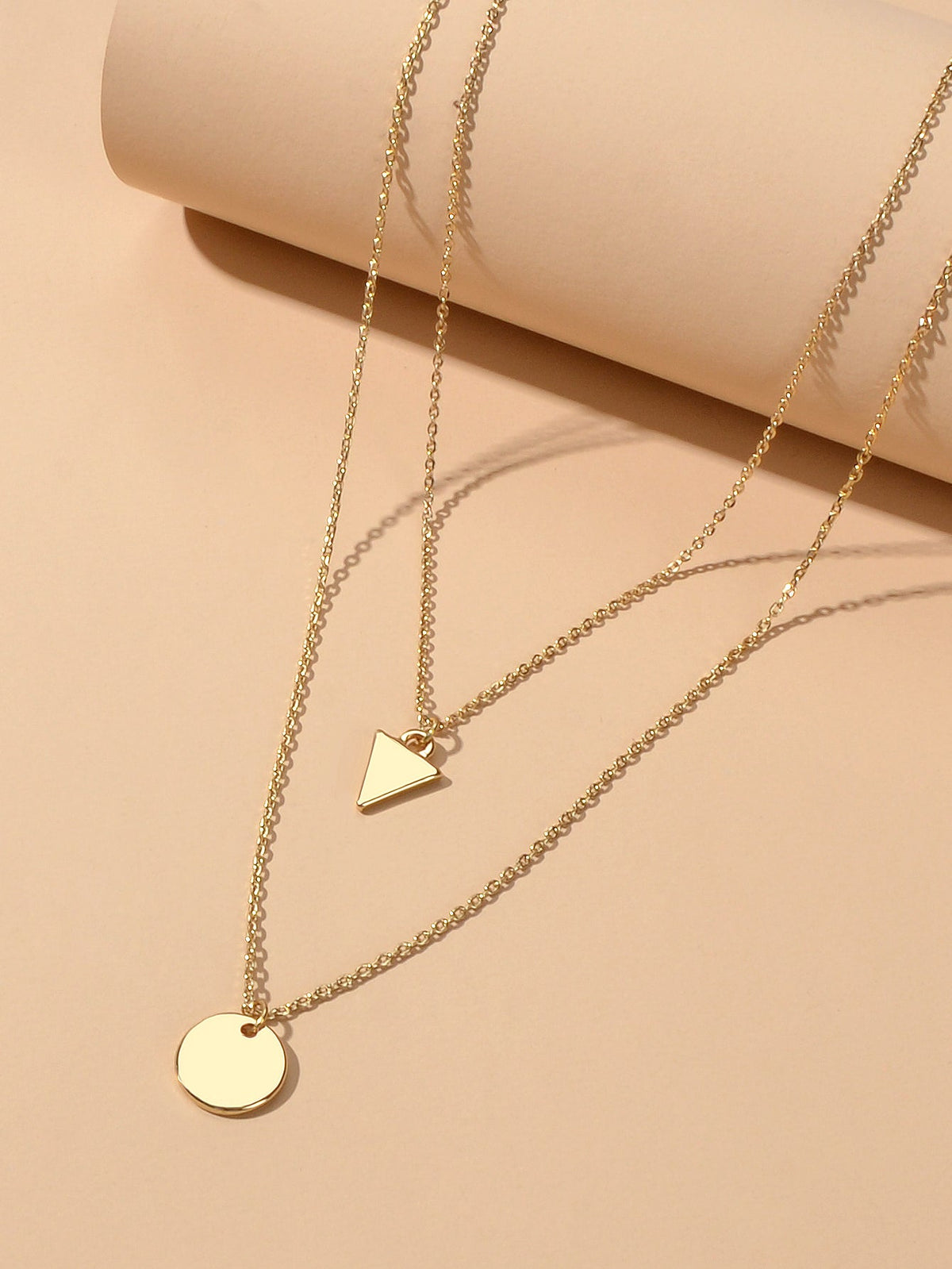 2pcs Minimalist Style Women Accessories Gold Chain Triangle Round Charm Necklace
