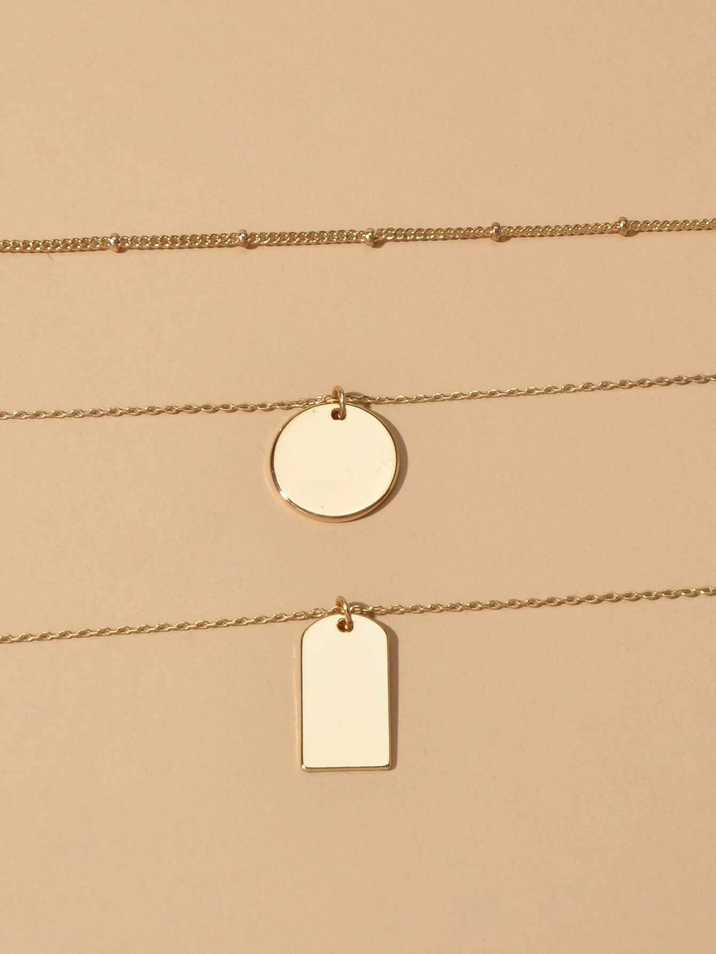 3pcs Multi-layer Gold Tone Chain Round Square Pendant Necklace Girls Teens Gift