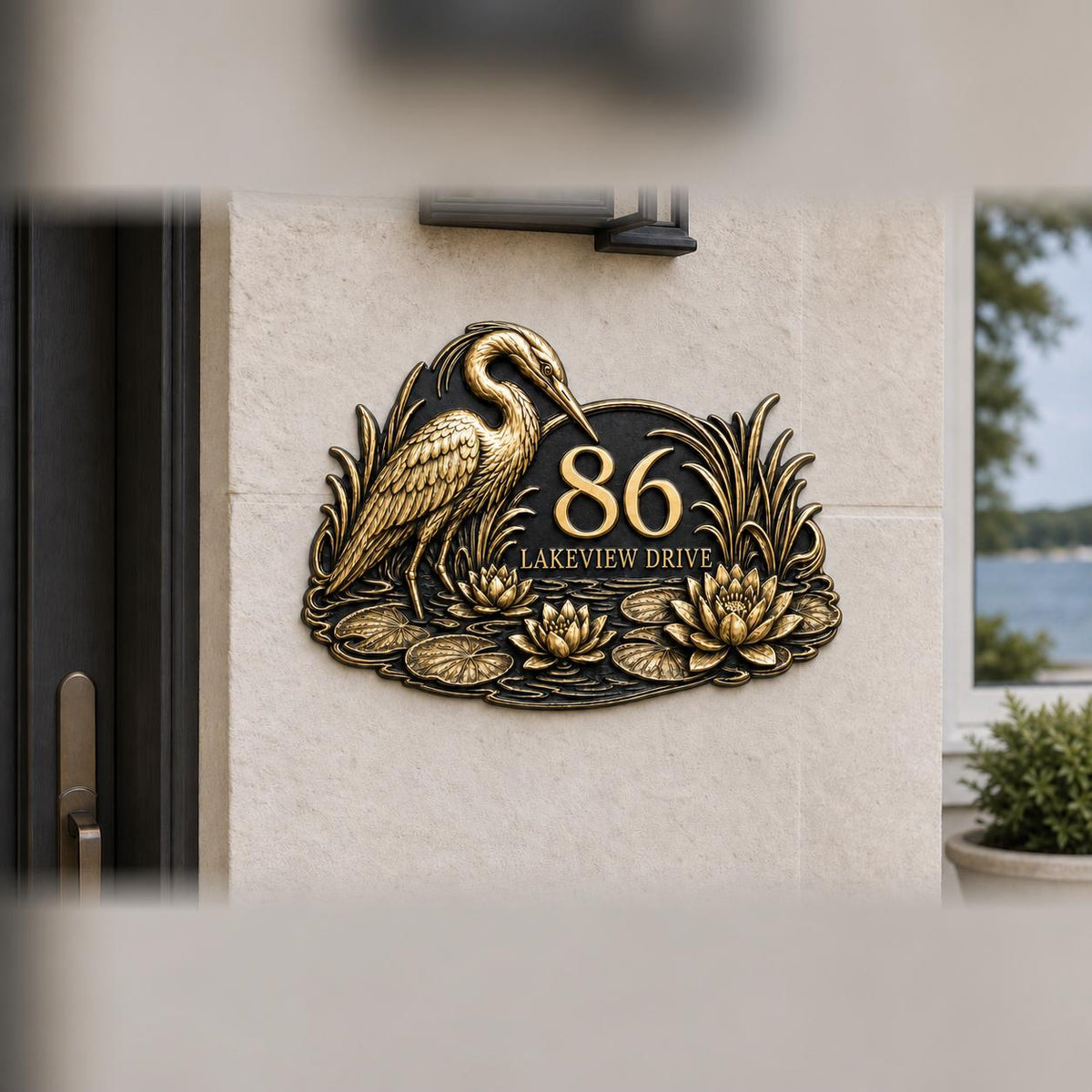 Design Your Own House Number Plaque, Heron and Water Lilies
