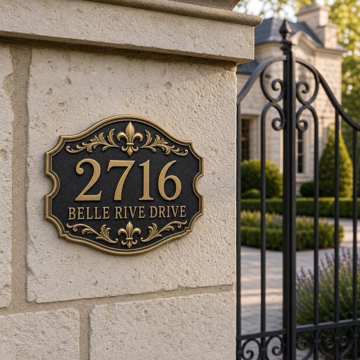 Personalized Address Plaque – Antique Brass Fleur-de-Lis Cartouche