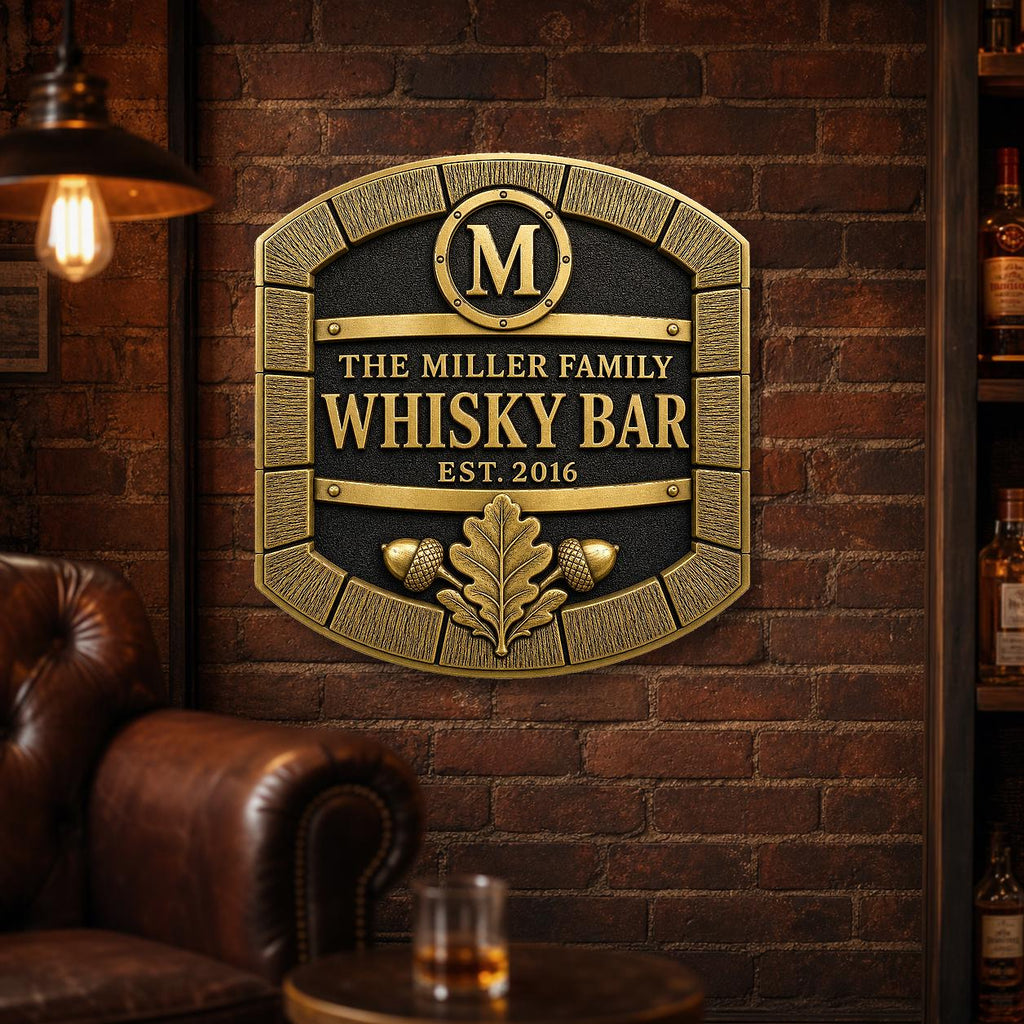 Personalized Home Bar Sign – Antique Brass Barrel Front