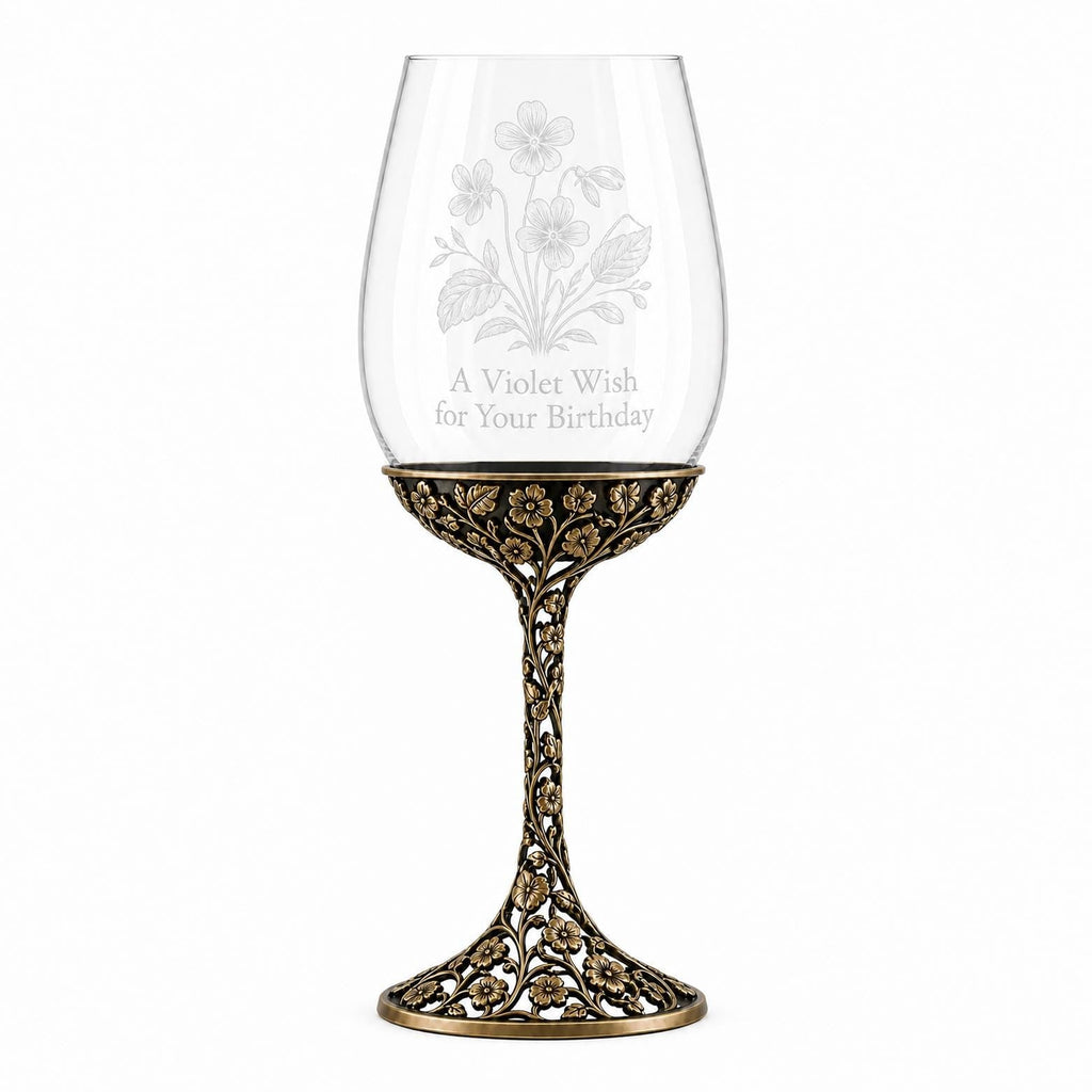 February Violet Wine Glass, Openwork Brass Stem, Custom Etched Gift