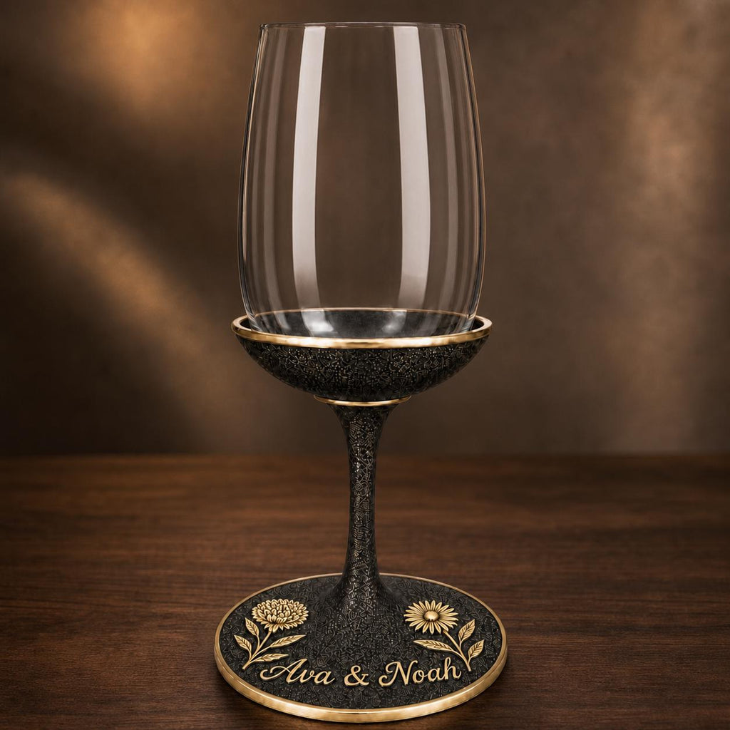 Personalised Birth Flower Wine Glass | Chrysanthemum & Daisy Antique Brass Base