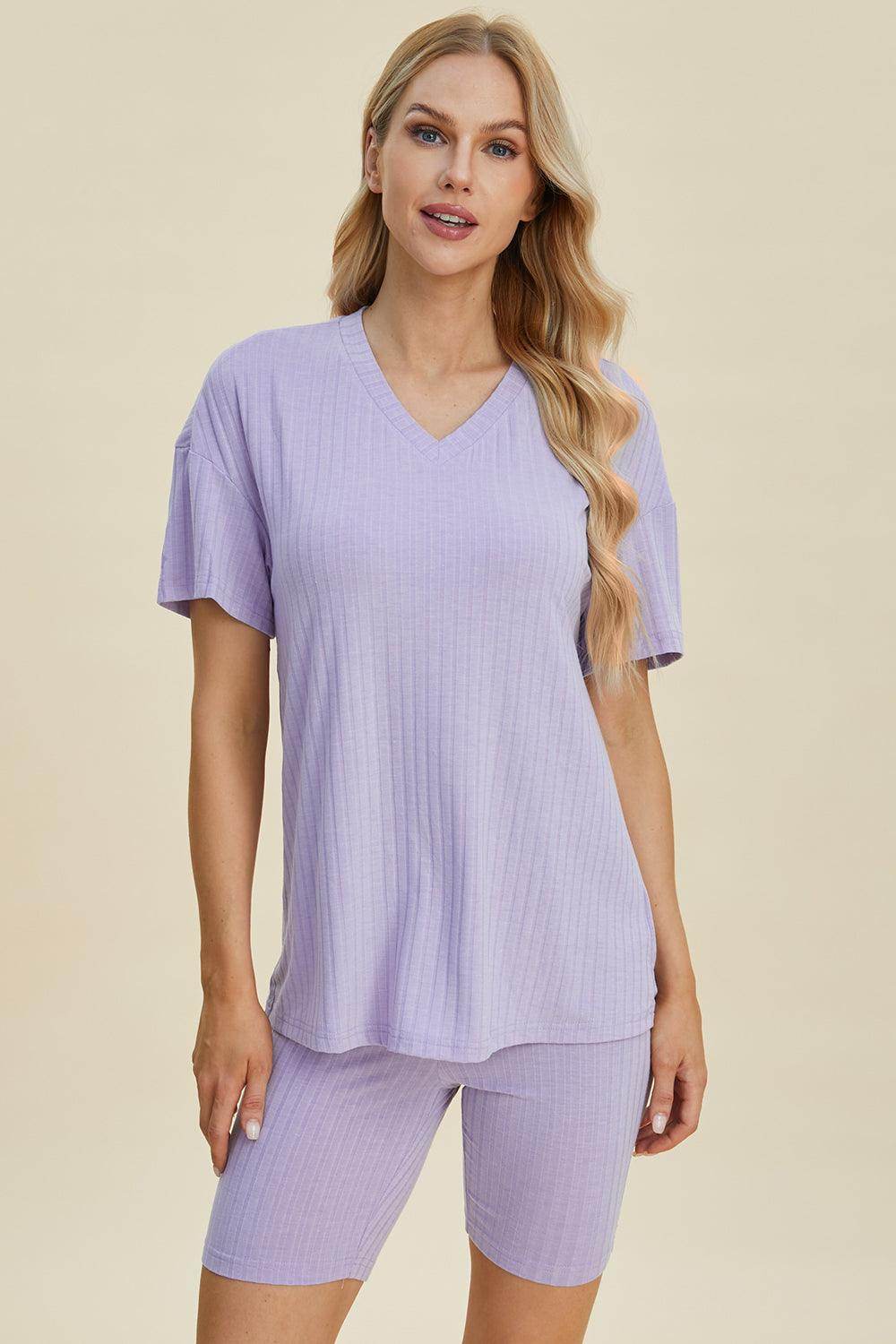 Basic Bae Full Size Ribbed V-Neck Top and Shorts Set For Women - n/a at Dealshubindia