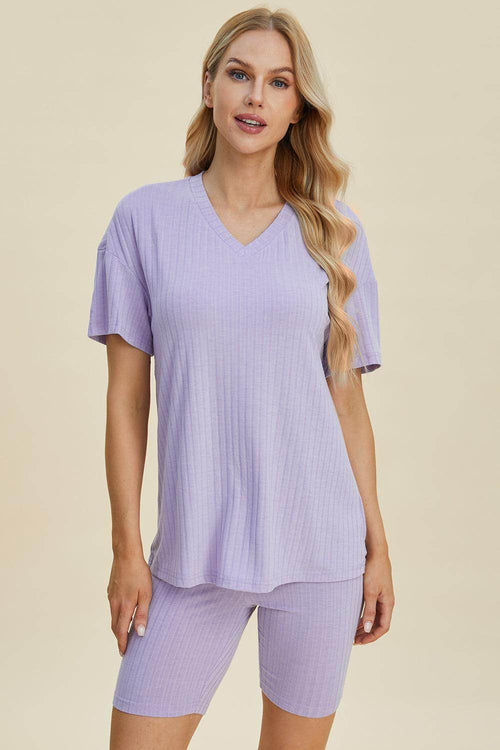 Basic Bae Full Size Ribbed V-Neck Top and Shorts Set For Women - n/a at Dealshubindia