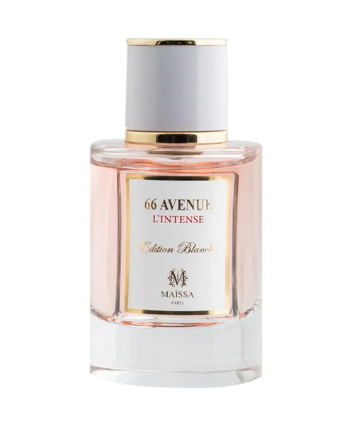 Glass perfume bottle with white cap and gold top, amber-pink liquid, front label.