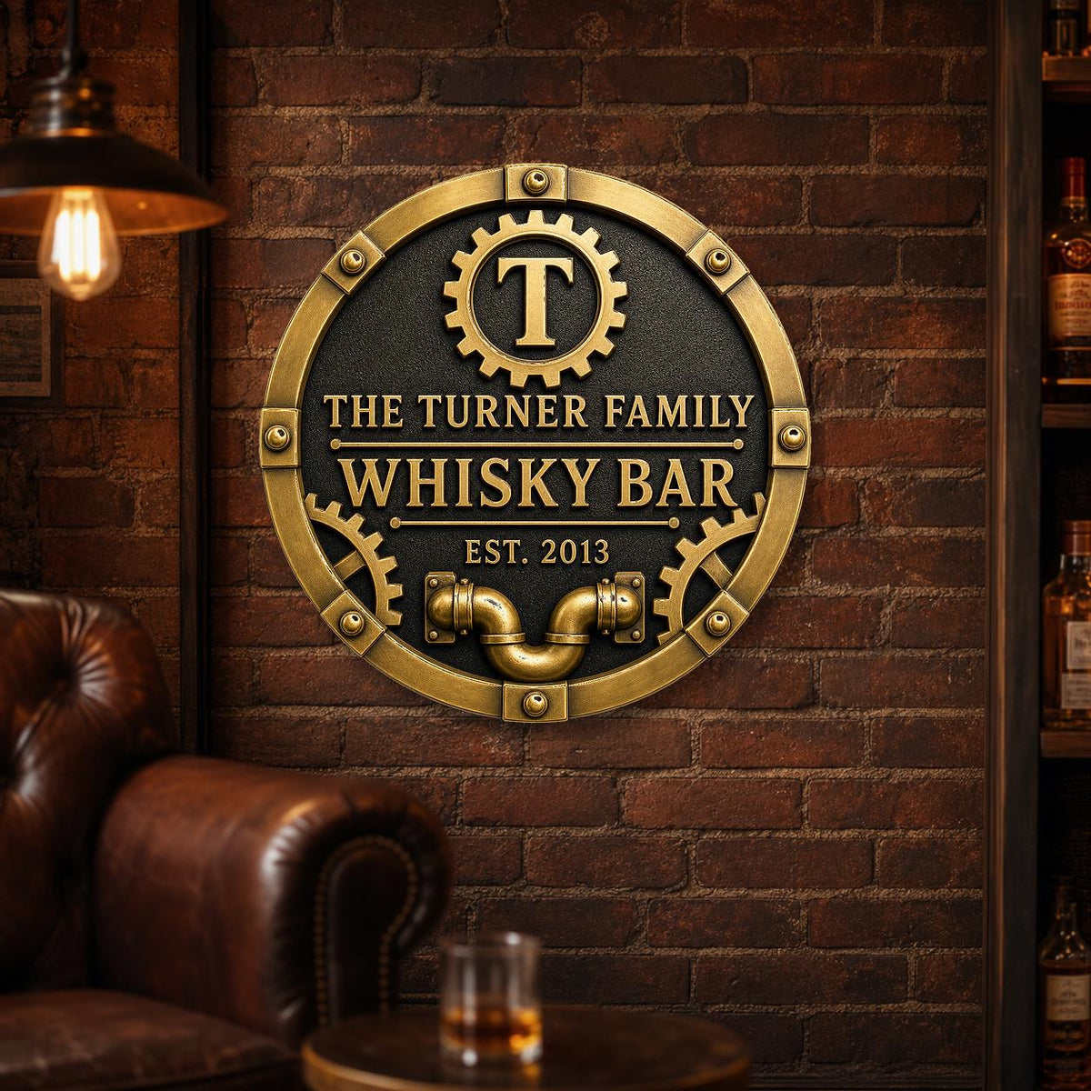 Personalized Home Bar Sign – Antique Brass Gear and Pipe, Round