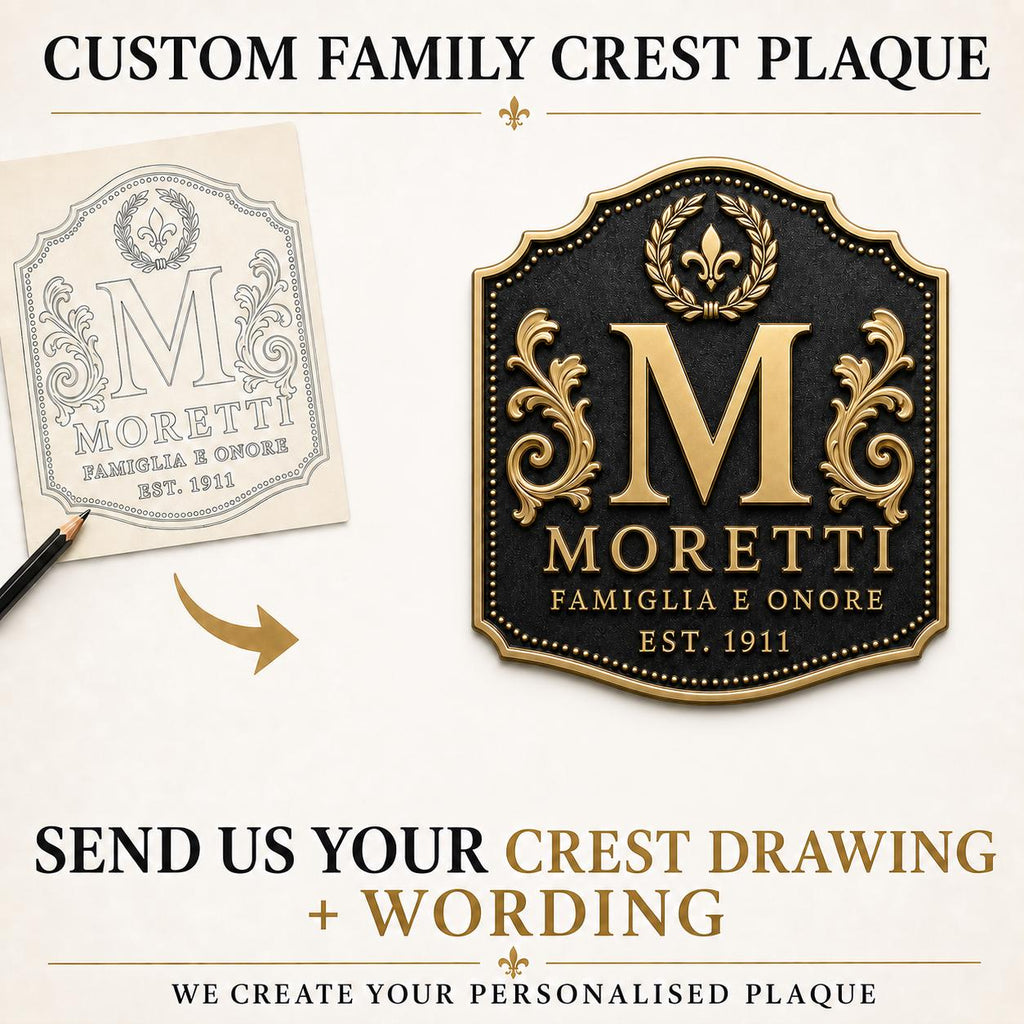 Create Your Own Family Crest Plaque | Custom Monogram, Surname & Motto | Antique Brass Heritage Sign