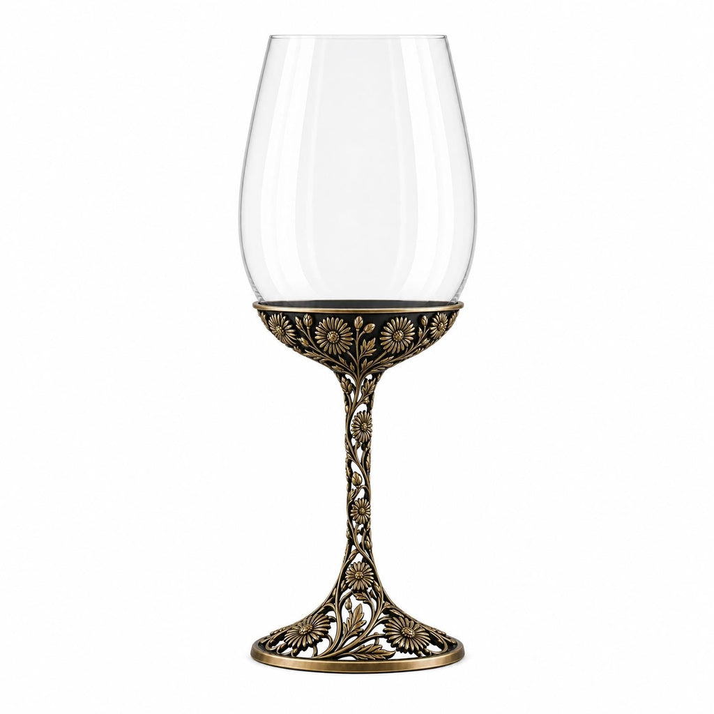 September Aster Wine Glass, Personalised Birth Flower, Openwork Brass Stem, Custom Etched Gift