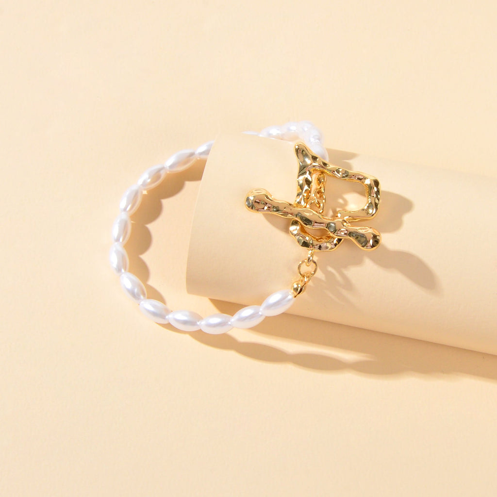 Textured Bridal Jewellery Retro Pearl Beads Gold Heart Charm Wedding Bracelet