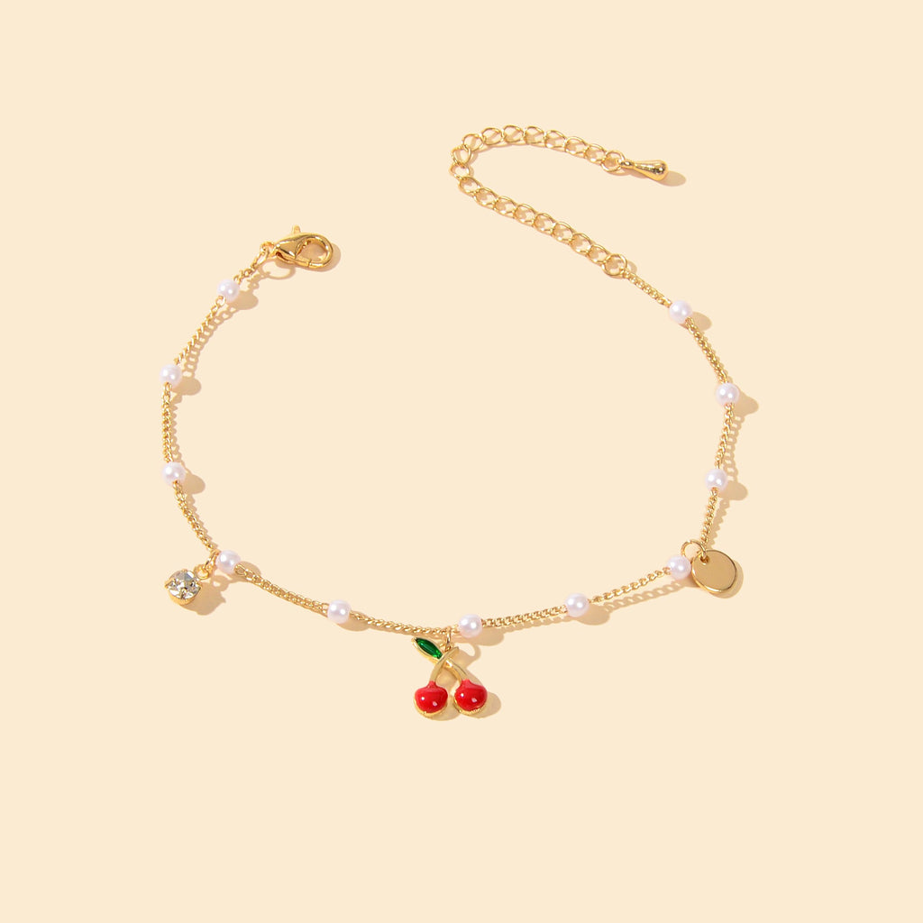 Pearl Beads Disc Charm Gold Chain Red Cherry Charm Bracelet Women Dainty Gift