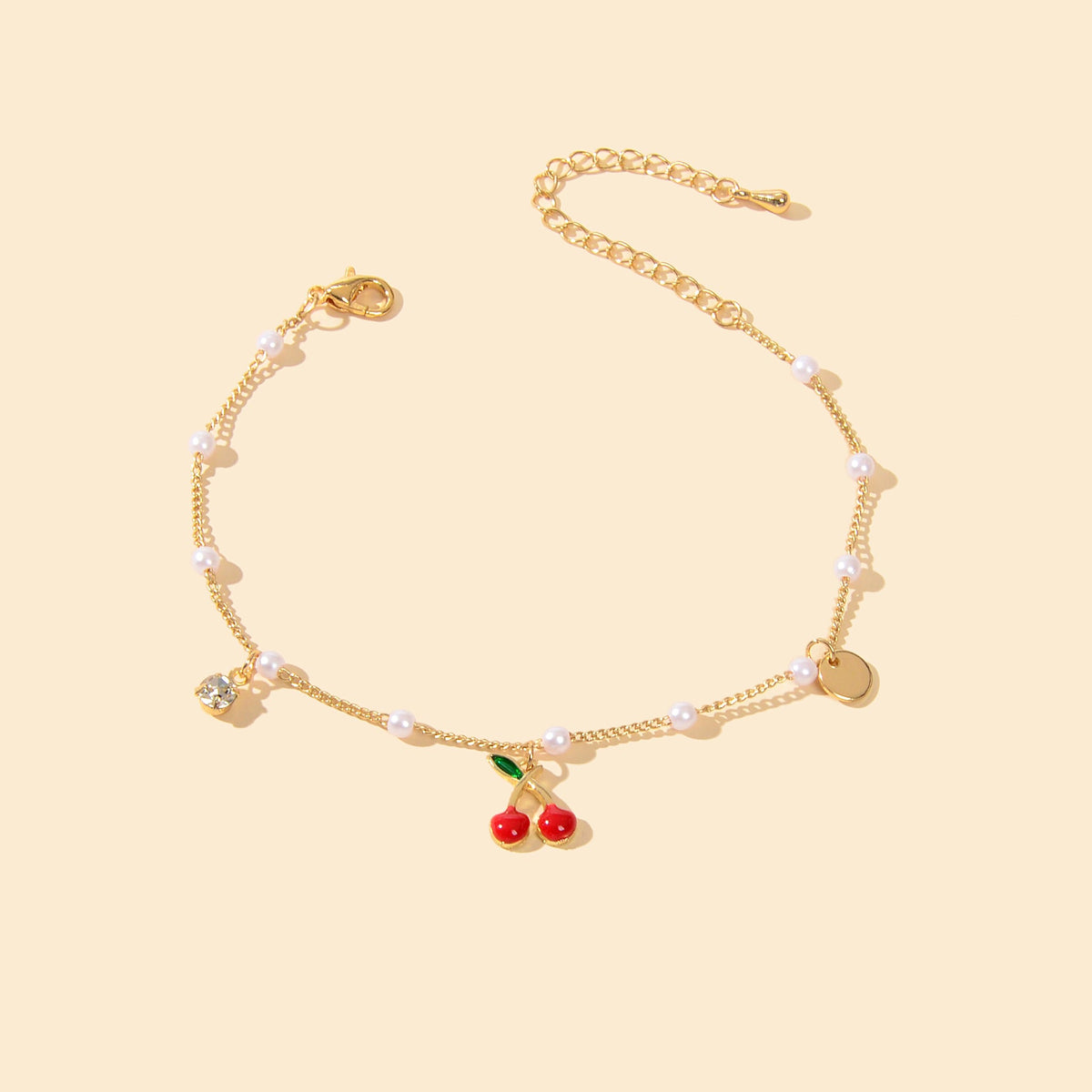 Pearl Beads Disc Charm Gold Chain Red Cherry Charm Bracelet Women Dainty Gift